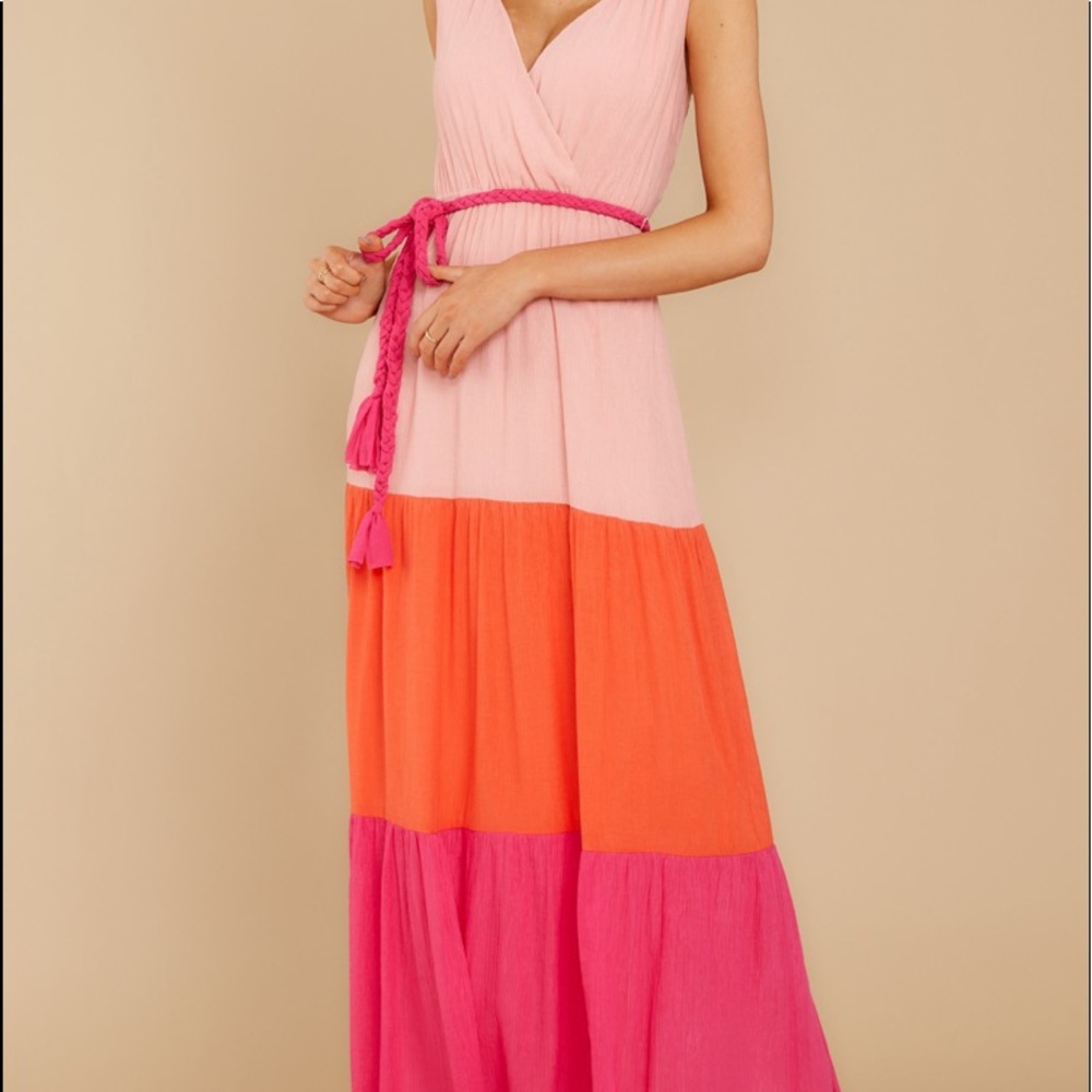 Multicolor Pink Block Colors Belted Maxi Dress - Picture 4 of 7